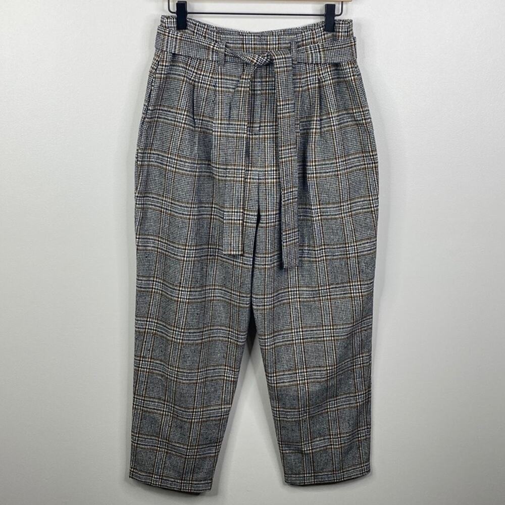 ASTR The Label Plaid Tie Waist Trousers Black Brown High Rise Tapered Pants M